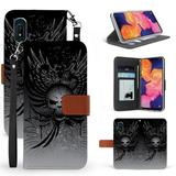 BC Infolio D Series Samsung Galaxy A10e Wallet Case - PU Leather Protection Cover with Card Slots ID Window Bill Fold Pocket and Lanyard Wristlet Strap Skull Wings