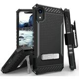 Case with Clip for iPhone XR Black Tri-Shield Rugged Cover and Belt Hip Holster [with Metal Kickstand + Wrist Strap Lanyard] for Apple iPhone XR (2018) (Size 6.1 model) (10R)