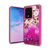 Bemz [Liquid Series] Case for Samsung Galaxy S20 Ultra Chrome TPU Quicksand Waterfall Glitter Cover with Atom Wipe - Hot Pink Flowers