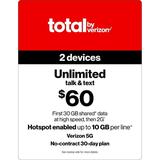 Total by Verizon (formerly Total Wireless) $60 Unlimited 30-Day 2 Lines Prepaid Plan (30GB Shared Data at High Speeds then 2G) + 10GB of Mobile Hotspot Per Line Direct Top Up