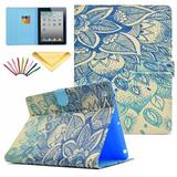 iPad 2 Case iPad 3 Case iPad 4 Case Allytech PU Leather Flip Wallet Case with Auto Sleep/Wake Feature Smart Folio Stand Cover for Apple iPad 2nd/ 3rd/ 4th Gen Blue Flower