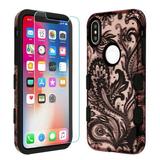 Mybat Tuff Lyte Hybrid Protector Cover Tempered Glass Screen Protector For Apple Iphone Xsx - Phoenix Flower 2d Rose Gold Black
