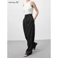 Mnealways18-Pantalon de bureau noir pour femme taille haute poches plissé jambes larges couleur
