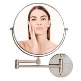 OVENTE 9 Wall Mount Makeup Mirror 1X & 10X Magnifier Adjustable Spinning Double Sided Round Reflection Extend Retractable & Folding Arm Bathroom & Vanity DÃ©cor Nickel Brushed MNLFW90BR1X10X