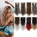 S-noilite 17 Curly 8 Pcs Full Head Clip in Hair Extensions Synthetic 8 Piece 18 Clips Hairpiece Long Wave Trendy Design for Women Ladys Girls Medium brown ombre Silver gray-140g