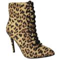 Delicious Women Ankle Boots Stiletto High Heels Lace Up Bootie Side Zipper Pointy Toe STAIN-S Cheetah Leopard Suede 5.5