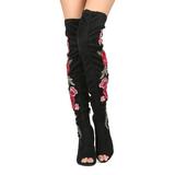 Wild Diva HG47 Women Faux Suede Peep Toe Thigh High Floral Block Heel Boot