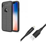 Case w 10ft USB Cable for iPhone XR - PU Leather Slim Fit Cover Reinforced Bumper Shock Absorbent Charger Cord Power Wire Braided Long Compatible With iPhone XR