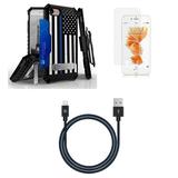 Accessory Bundle for iPhone SE iPhone SE 2022 iPhone SE 2020 iPhone 8: Military Grade Rugged Holster Case with 2-Pack Glass Screen Protectors Rugged USB Cable (6-Foot) - Thin Blue Line Flag