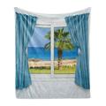 Palm Tree Soft Flannel Fleece Throw Blanket Blue Curtains White Walls Sunny Day Shore Palm Tree Island View Horizon Rest Cozy Plush for Indoor and Outdoor Use 60 x 80 Blue Green by Ambesonne
