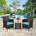 Costway Outdoor 3 PCS Rattan Wicker Furniture Sets Chairs Coffee Table Garden Blue