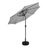 WestinTrends Cyrus 9 Ft Outdoor Patio Umbrella with Base Include Solar Powered 32 LED Light Umbrella with Tilt and Crank 20 inch Fillable Black Round Base Gray/White Stripe