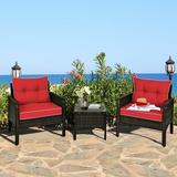 Gymax 3PCS Patio Outdoor Rattan Furniture Set w/ Coffee Table Red Cushion