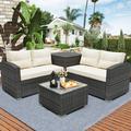 Segmart Patio Rattan Sectional Sofa Set 4 PCS 4 Seats Outdoor Wicker Furniture Set Elegant Cushioned Sofa Set Conversation Set with Table & Storage Box for Backyard Balcony Poolside