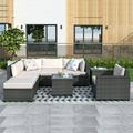 Patio Furniture Sectional Sofa Set 8 PCS Rattan Wicker Sofa Set Premium All-Weather Sofa Couch Conversation Set w/2 Glass Tables and 13 Zippered Cushions for Deck Garden Backyard Poolside K2450