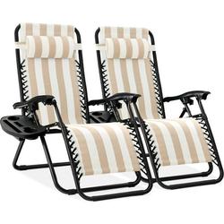 Best Choice Products Set of 2 Zero Gravity Lounge Chair Recliners for Patio Pool w/ Cup Holder Tray - Tan Striped