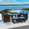Vineego 9 Pieces Patio Dining Sets Outdoor Furniture Patio Wicker Rattan Chairs and Tempered Glass Table Sectional Set Conversation Set Cushioned with Ottoman (Blue)