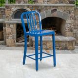 Flash Furniture Commercial Grade 24 High Blue Metal Indoor-Outdoor Counter Height Stool with Vertical Slat Back