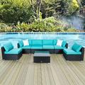 Kinbor 7pcs Outdoor Patio Furniture Sectional Pe Rattan Wicker Rattan Sofa Set with Aqua Cushions