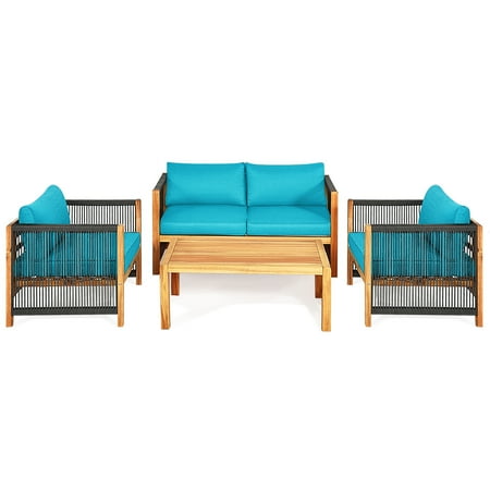 Patiojoy 4-Piece Outdoor Patio Wood Conversation Furniture Set Padded Chair with Coffee Table Turquoise