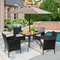 Vineego 5 Piece Patio Conversation Set Wicker Chairs Set with Tempered Glass Table Beige