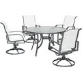 Hanover Phoenix 5-Piece Dining Set in White with 4 Sling Swivel Rockers and 48 in. Round Glass-Top Table