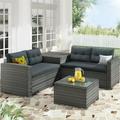 Patio Conversation Set 4 Piece Outdoor Wicker Furniture Set with Loveseat Sofa Storage Box Tempered Glass Coffee Table All-Weather Patio Sectional Sofa Set with Cushions for Backyard Garden Pool