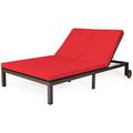 Patiojoy 2-Person Patio Rattan Recliner Chair Chaise Lounge Daybed with Wheels & Cushion Red