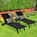 Gymax Set of 2 Patio Chaise Lounge Chair Aluminum Adjustable Recliner w/ Wheels Black