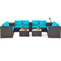 Patiojoy 8-Piece Outdoor Rattan Sectional Loveseat Couch Conversation Sofa Set with Storage Box &Coffee Table Turquoise