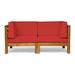 GDF Studio Keith Outdoor Acacia Wood Loveseat with Cushions Teak and Red