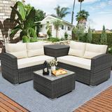 Rattan Patio Sofa Set 4 Pieces Outdoor Sectional Furniture All-Weather PE Rattan Wicker Patio Conversation Cushioned Sofa Set with Glass Table & Storage Box for Patio Garden Poolside Deck