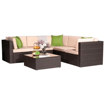 Lacoo 6 Pieces Outdoor Furniture Patio Sectional Sofa Sets All Weather PE Rattan Manual Wicker Conversation Set with Washable Cushions and Glass Table Green