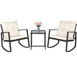 SUNCROWN 3-Piece Outdoor Patio Wicker Bistro Rocking Chair Set - Two Chairs with Glass Coffee Table (Beige-White Cushion) Black