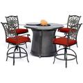 Hanover Traditions 5-Piece Outdoor Patio High-Dining Bar Set with a 40 000 BTU Cast-top Fire Pit Table and 4 Swivel Chairs with Plush Red Cushions