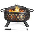 Topeakmart 36in Outdoor Round Iron Fire Pit with Mesh Screen Poker Rain Cover for Bonfire Patio Backyard Bronze