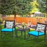 Outdoor 3-Piece Conversation Black Wicker Furniture-Two Chairs with Glass Coffee Table Light Blue