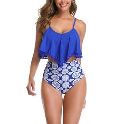 Sexy Dance Women Ruffle Swimwear Two Piece Swimsuit Plus Size Tankini Set Ladies High Waisted Bikini Set Beachwear Swimming Costumes Bathing Suit Push Up Padded Bra Backless Tummy Control Summer