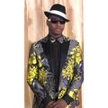 Yellow Gold Black And Grey Floral Satin Shiny Fashion Blazer Dinner Jacket Paisley Sport Coat Flashy Stage Fancy Party Prom + Free Matching Bowtie