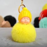 Cute Small Sleeping Baby Doll Fake Fur Fluffy Ball Keychain Bag Key Rings Pendant Ornaments Gifts Color Yellow