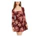 B DARLIN Womens Burgundy Floral Long Sleeve Square Neck Short Fit + Flare Dress Size 3\4