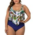 Mid-Ten S-4XL Women Two Piece Swimsuit Tops +High Waist Swim Briefs Bottoms Plus Size Ladies Ruffles Feather Swimwear Beachwear Push Up Bra Padded Tummy Control Swimming Costumes Bathing Suit