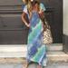 Fashion Women dresses Casual Tie-dye Print V-Neck Short Sleeves Deep V-Neck Dress