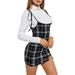 Women's Casual Suspender Skirts Dresses Plaid Split Hem High Waist Overall Mini Short Bodycon Dress