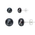 Pearlyta Sterling Silver 925 Set of 2 Pairs of Black Freshwater Pearl AAA Quality Button Stud Earrings - 4 and 8 MM Set