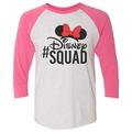 Womens Disney Raglan â€œ #Disney Squad â€� Disney World 3/4 Sleeve Baseball Tee Gift X-Small, White/Pink