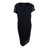 CONNECTED APPAREL Womens Black Sequined Lace Floral Metallic Floral Short Sleeve V Neck Knee Length Sheath Party Dress Size 22W