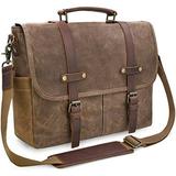 Mens Messenger Bag 15.6 Inch Waterproof Vintage Genuine Leather Waxed Canvas Briefcase Large Satchel Shoulder Bag Rugged Leather