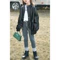 Kids Girls Easy Stand Collar Long Sleeve Snap Button Leather Jacket