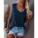 Women's Solid Color Sleeveless Tees Tops Pocket T Shirts Lie Fallow T Shirt White Tops Casual T-Shirt